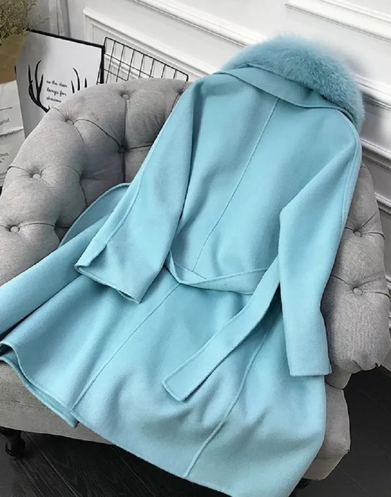 Women's Winter Casual Cashmere Long Trench With Fox Fur
