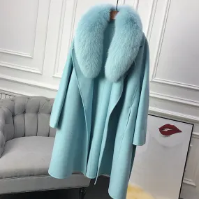 Women's Winter Casual Cashmere Long Trench With Fox Fur