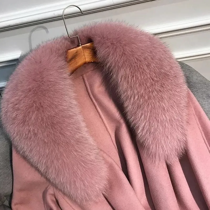 Women's Winter Casual Cashmere Long Trench With Fox Fur