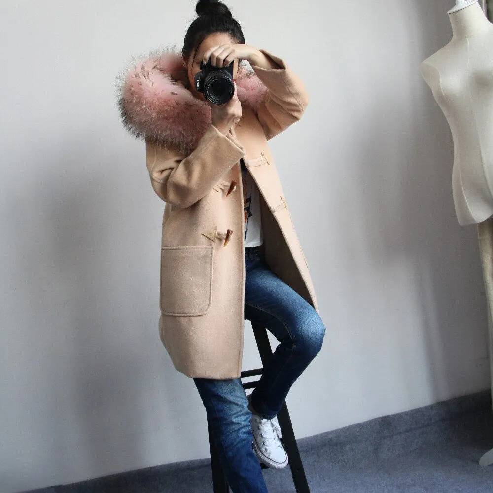 Women's Winter Casual Hooded Long Trench With Raccoon Fur