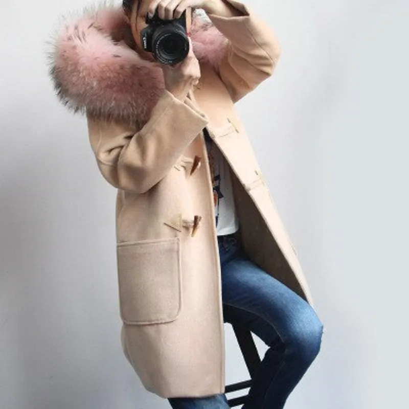 Women's Winter Casual Hooded Long Trench With Raccoon Fur