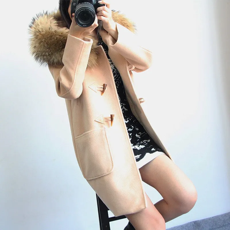 Women's Winter Casual Hooded Long Trench With Raccoon Fur