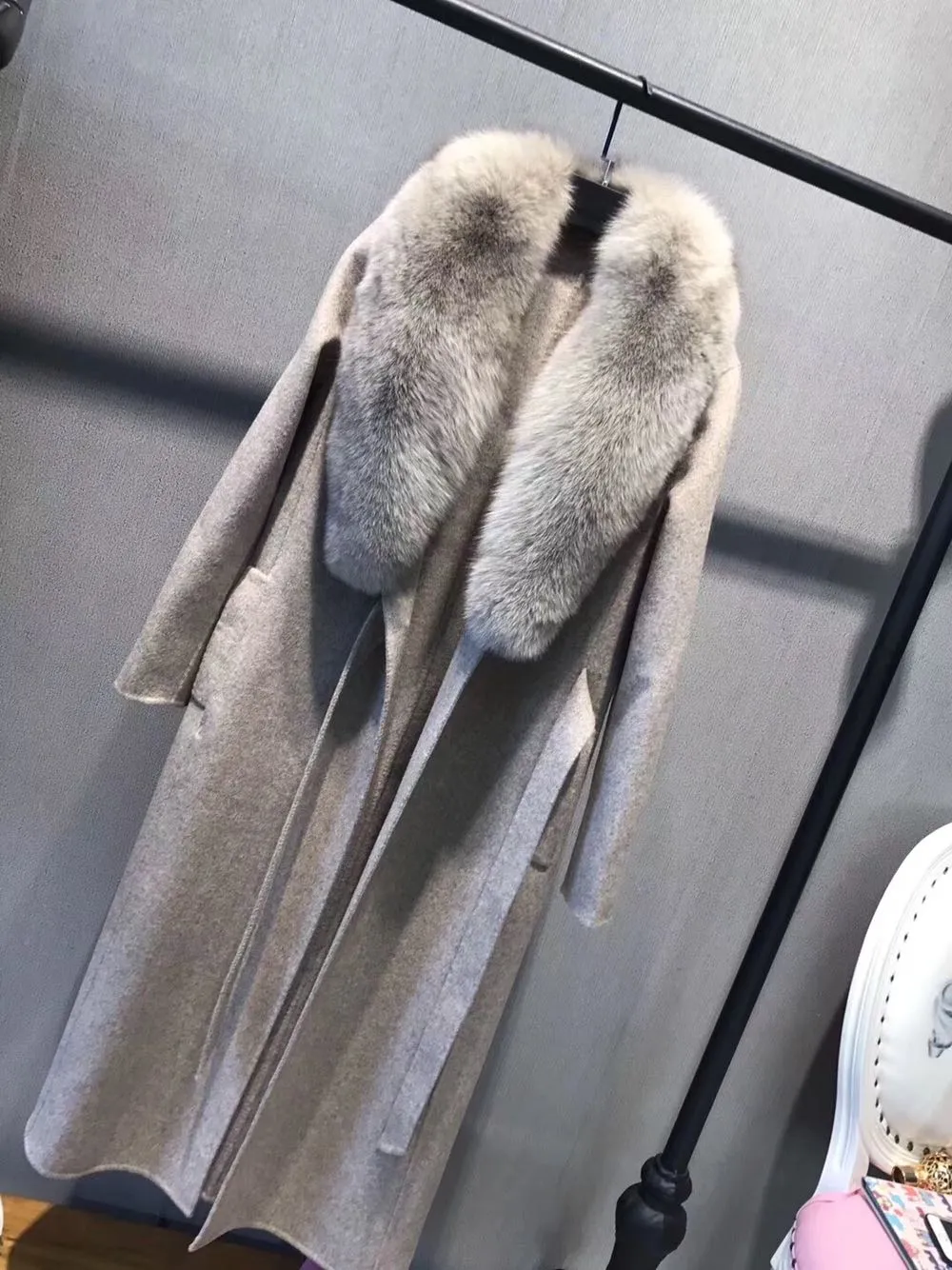 Women's Winter Casual Long Slim Cashmere Trench With Fox Fur