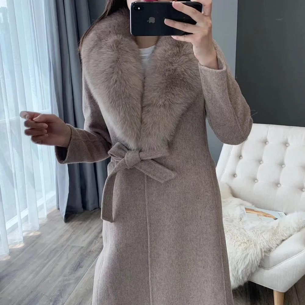 Women's Winter Casual Long Slim Cashmere Trench With Fox Fur