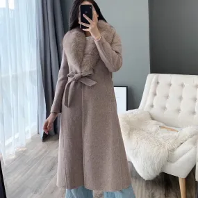 Women's Winter Casual Long Slim Cashmere Trench With Fox Fur