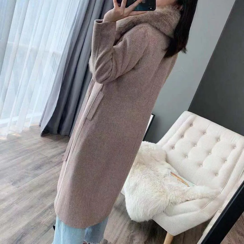 Women's Winter Casual Long Slim Cashmere Trench With Fox Fur