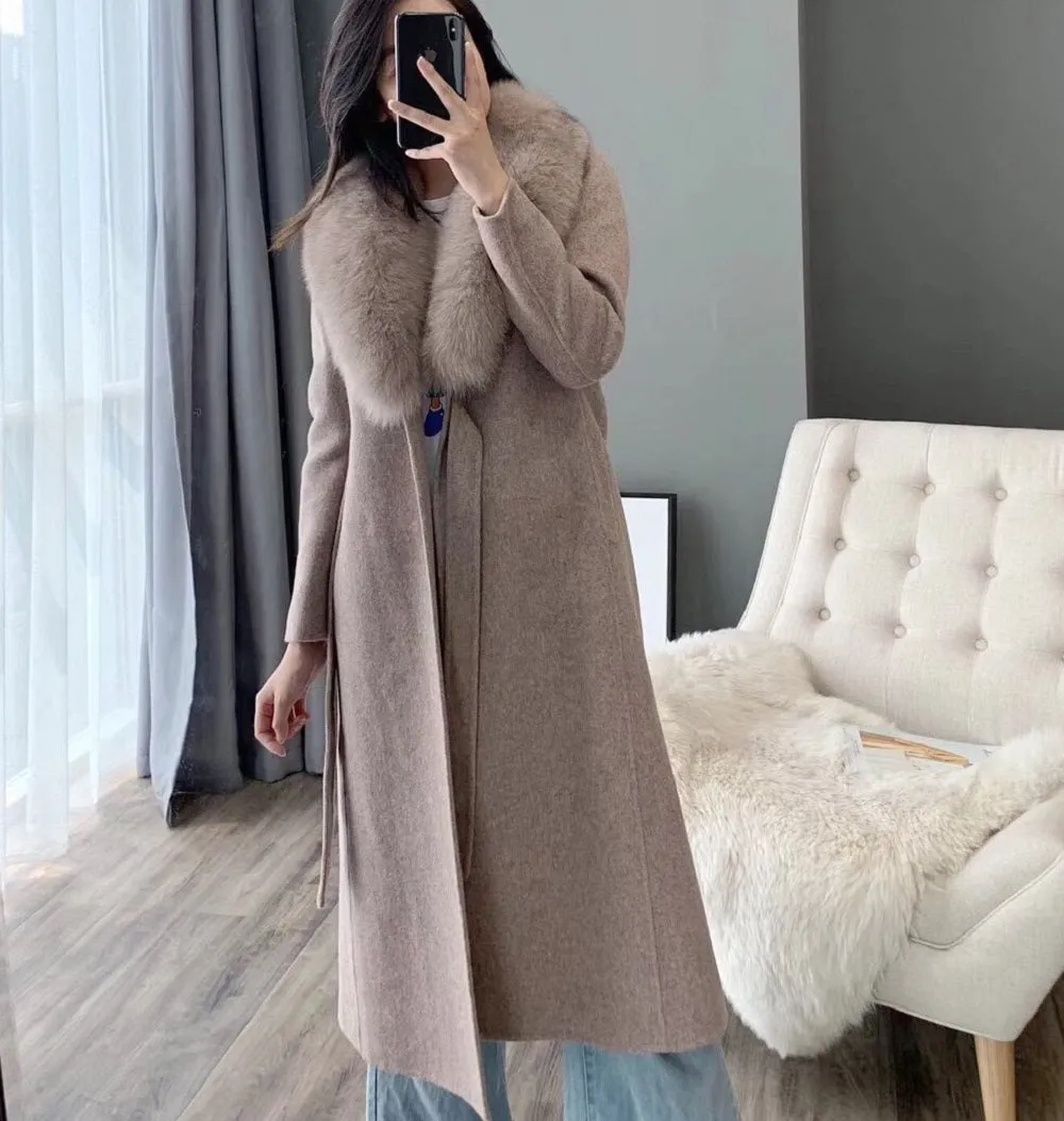 Women's Winter Casual Long Slim Cashmere Trench With Fox Fur
