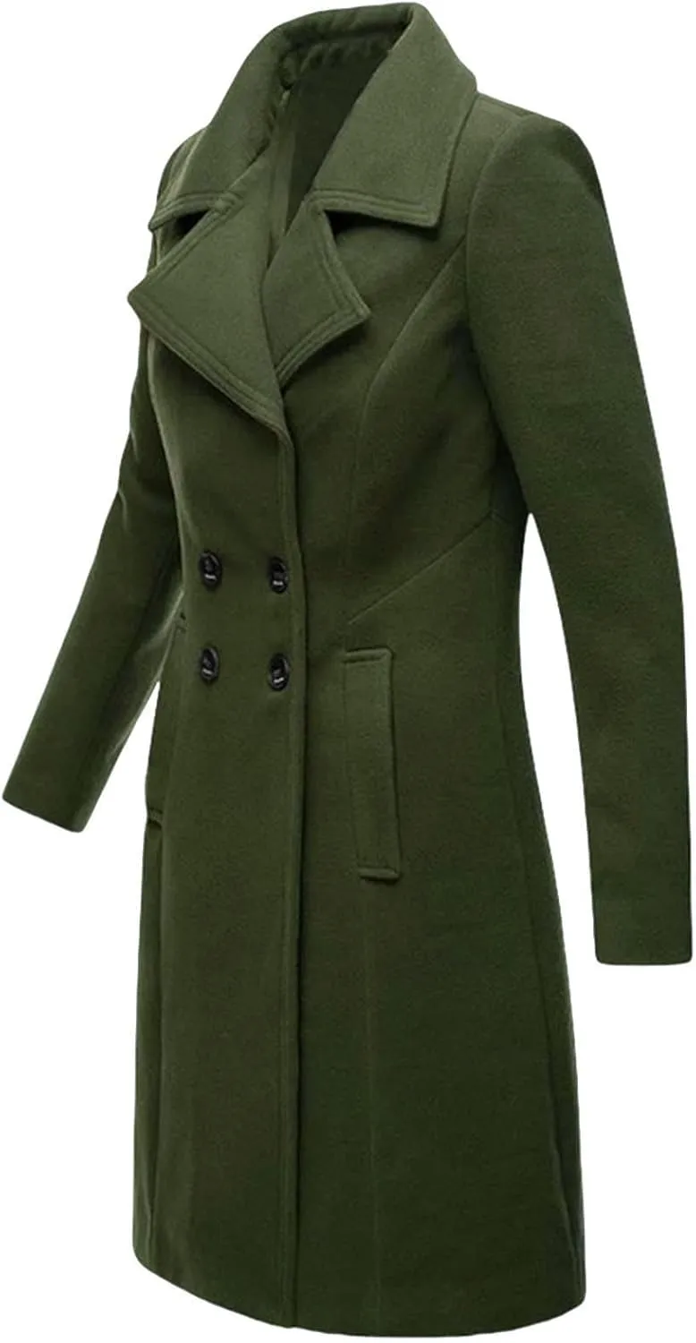 Womens Winter Pea Coats 2024 Casual Mid Long Length Trench Coat Notch Lapel Double Breasted Wool Coat Overcoats