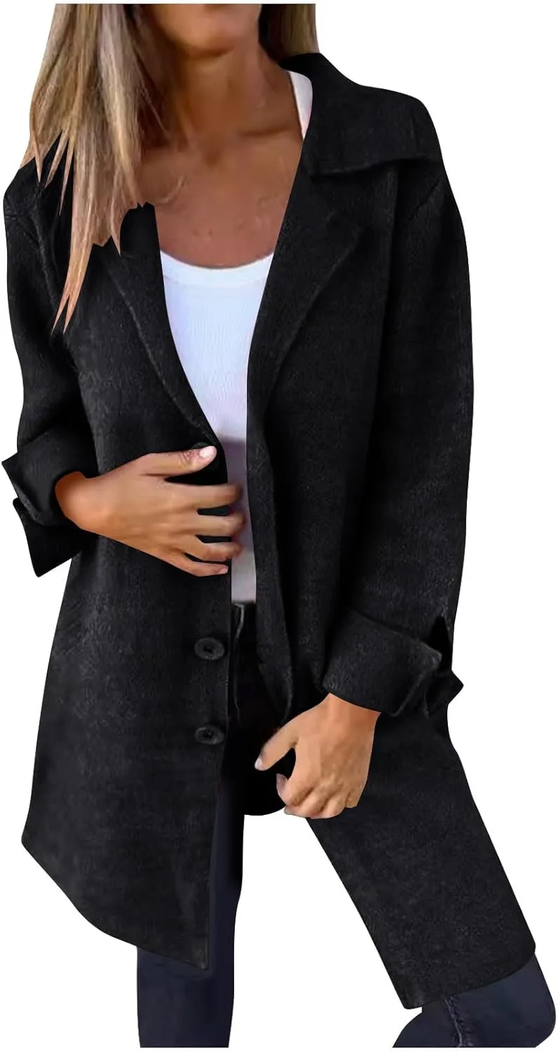 Women's Wool Trench Coat Elegant Single Breasted Pea Coat Casual Notch Lapel Long Winter Coats Long Sleeve Overcoat