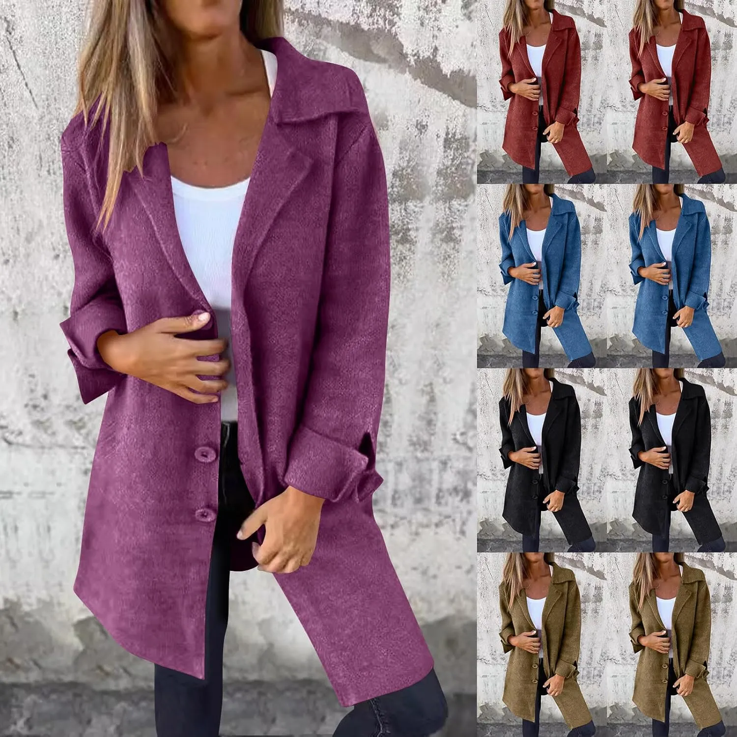 Women's Wool Trench Coat Elegant Single Breasted Pea Coat Casual Notch Lapel Long Winter Coats Long Sleeve Overcoat