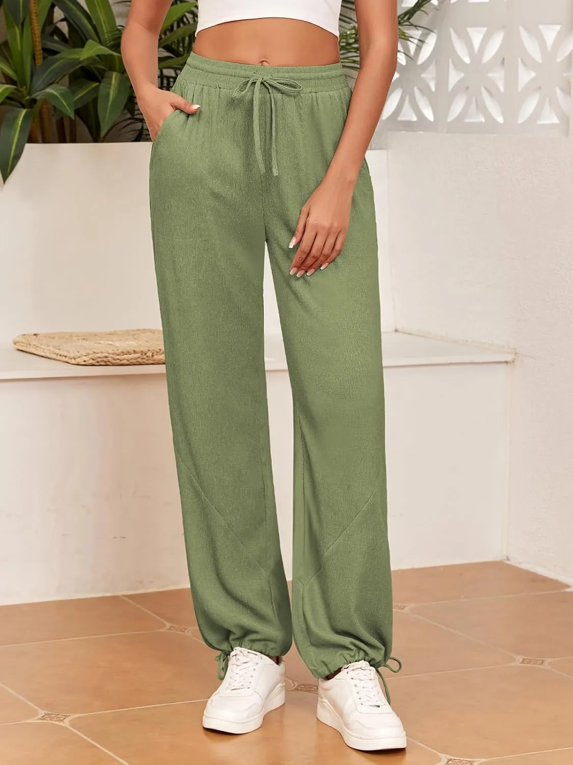 ZAFUL Womens Comfy Yoga Jogger Pants Pockets Wide Leg Palazzo Pants Boho Beach Slack Textured Trousers