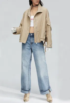 Zipper & Button Closure Loose Short Trench Coat