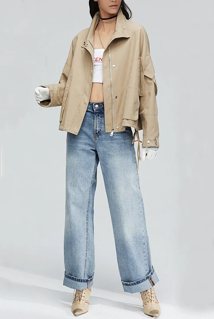 Zipper & Button Closure Loose Short Trench Coat