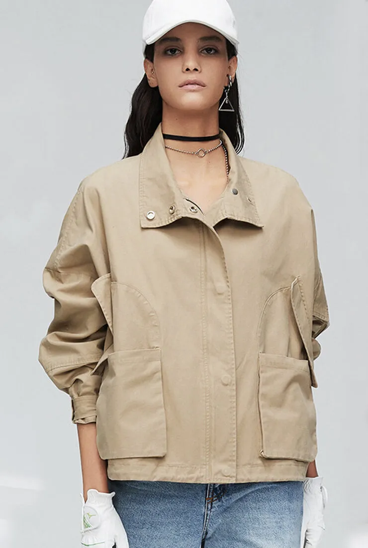 Zipper & Button Closure Loose Short Trench Coat