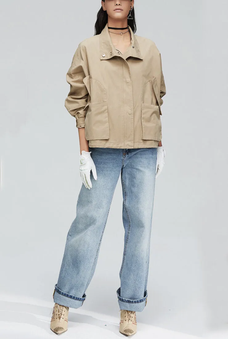 Zipper & Button Closure Loose Short Trench Coat